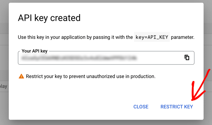 您的 API 密钥将被创建并显示在弹出窗口中
