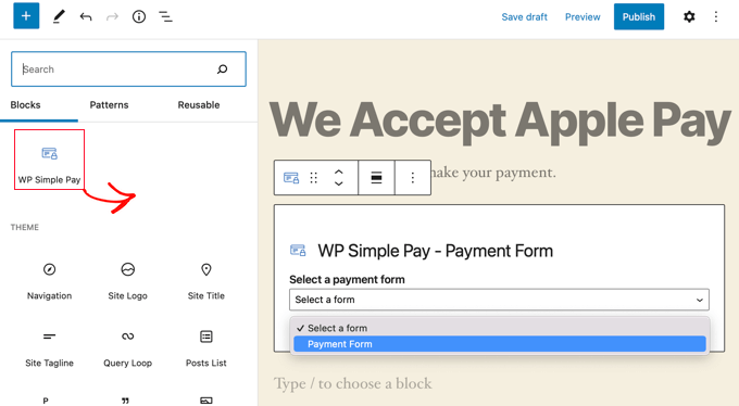 将 WP Simple Pay Block 添加到帖子或页面