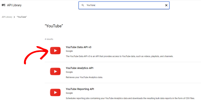 选择 YouTube 数据 API v3