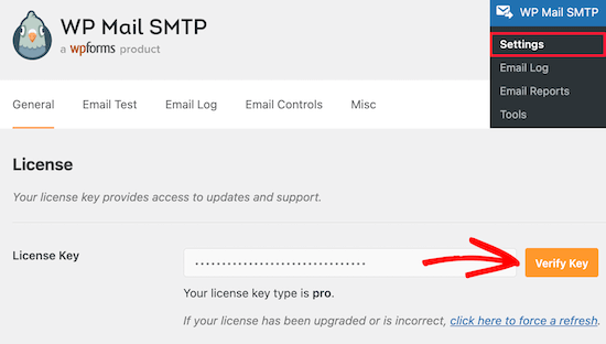输入 WP Mail SMTP 许可证密钥