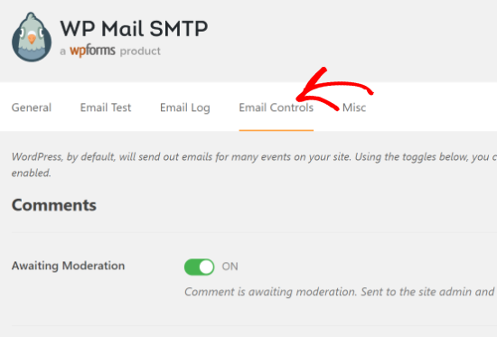 WP Mail SMTP 中的电子邮件控制选项卡