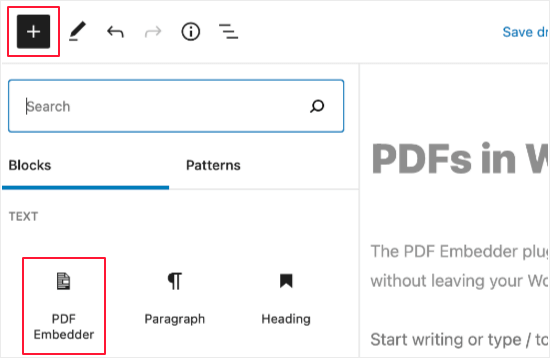 添加 PDF 嵌入器块