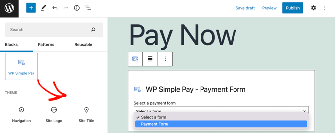 将 WP Simple Pay Block 添加到帖子或页面