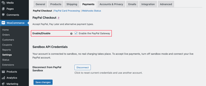 在您的 WooCommerce 商店中启用 PayPal 支付网关