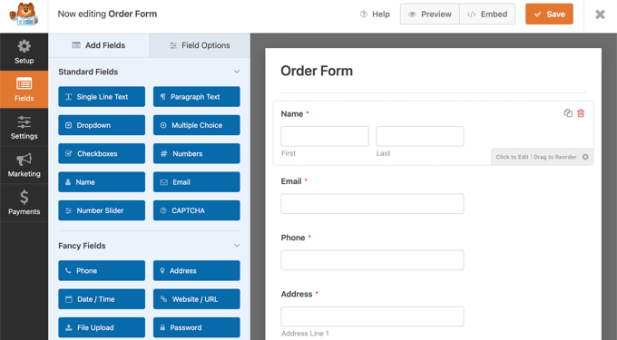 WPForms 将使用简单的订单预加载表单生成器