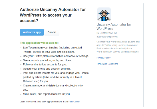 授权 Uncanny Automator 访问 Twitter 帐户