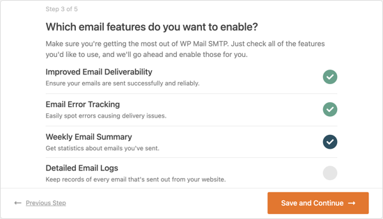 系统将询问您希望启用哪些电子邮件功能