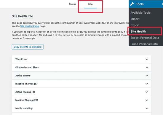 WordPress system information under site health