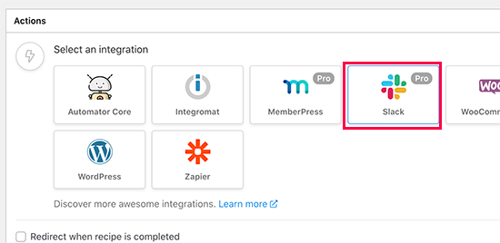 选择 Slack 作为您的操作集成