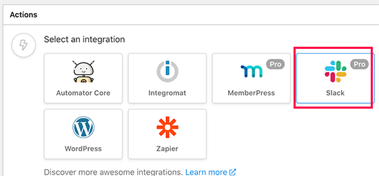 选择 Slack 作为您的操作集成