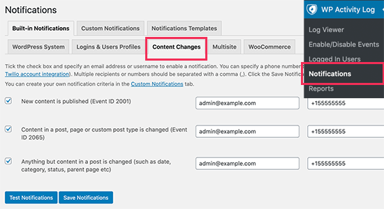 在 WP 活动日志中设置内容更改通知