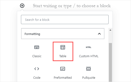 在 WordPress 块编辑器中添加“表格”块