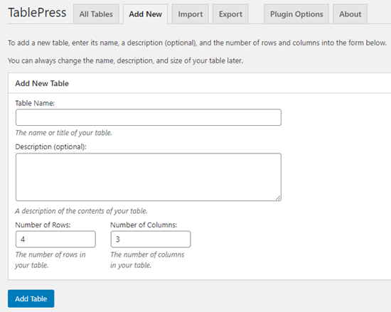 在 TablePress 中输入表格的标题