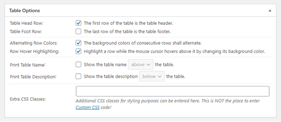 TablePress 中的“表格选项”部分