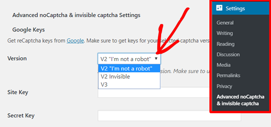 在 Advanced noCAPTCHA & Invisible CAPTCHA (v2 & v3) 中选择 Google reCAPTCHA V2