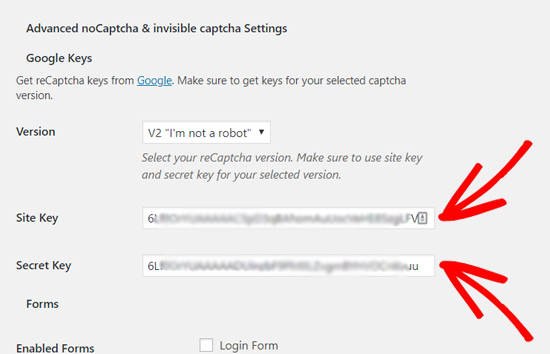 输入站点密钥和密钥以将 reCAPTCHA 添加到 WordPress
