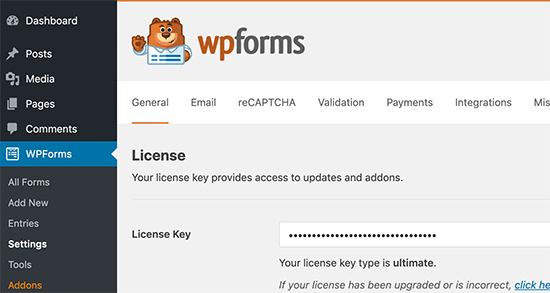 添加 WPForms 许可证密钥