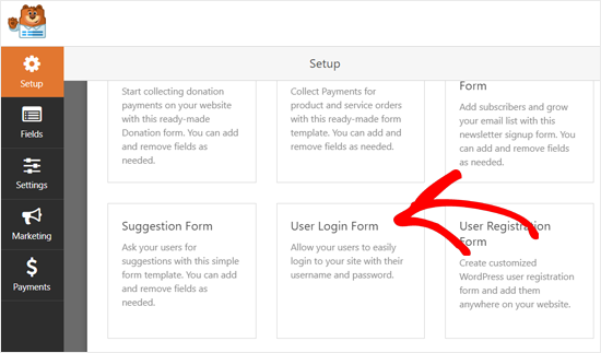选择用户登录表单模板 WPForms