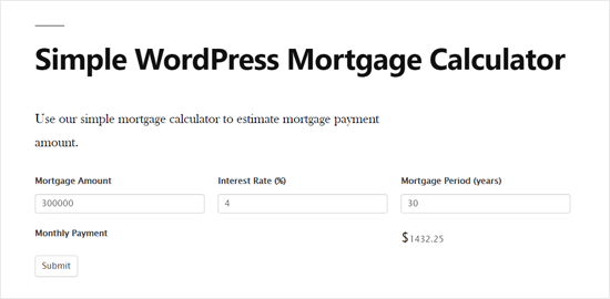 简单的 WordPress 抵押贷款计算器预览
