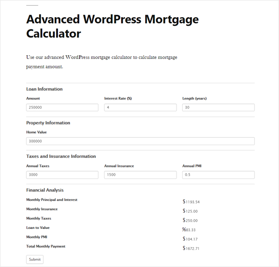 高级 WordPress 抵押贷款计算器预览
