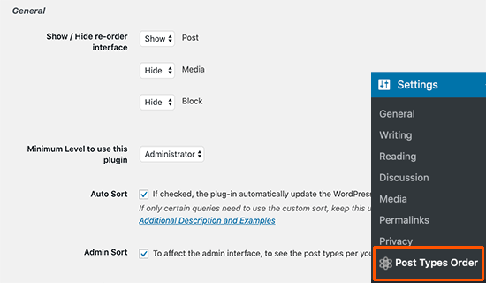 Post Types Order settings