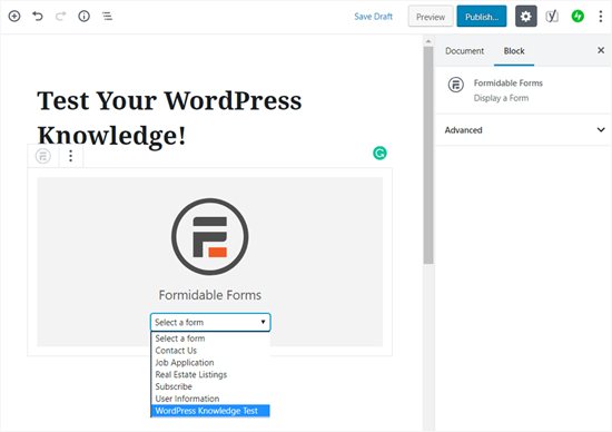 在 WordPress 中选择您的测验表单小部件