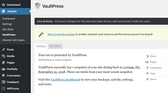 VaultPress 仪表板