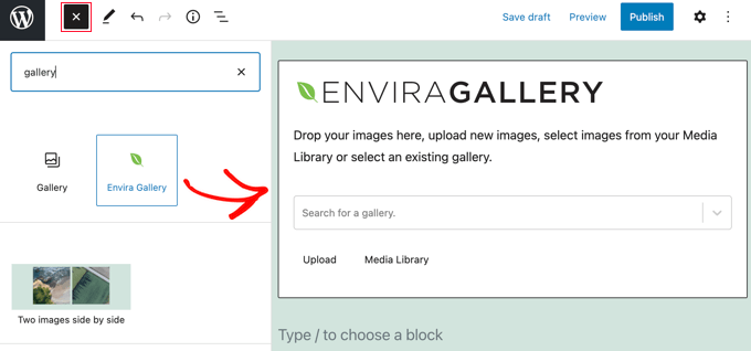 将 Envira Gallery 块添加到帖子或页面