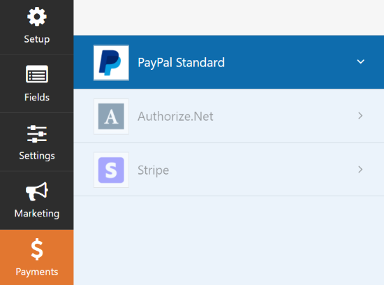 在付款设置中选择 PayPal 标准