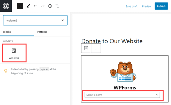 创建一个 WPForms 块并从下拉列表中选择您的表单