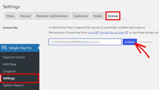 添加 WP Simple Pay 许可证密钥
