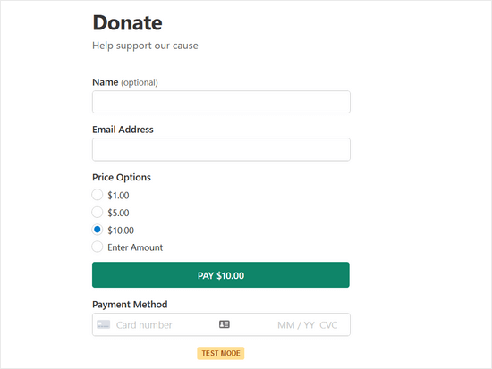 使用 WP Simple Pay 制作的捐赠表格示例