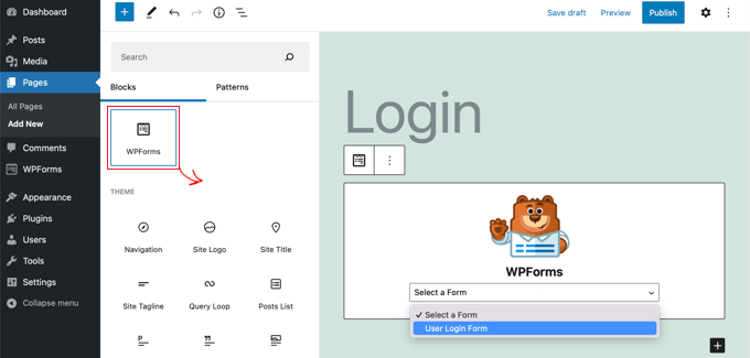 将 WPForms 块添加到任何帖子或页面并选择用户登录表单