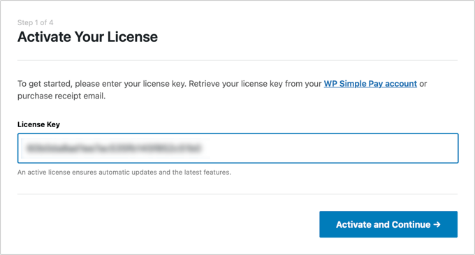 您将被要求输入您的 WP Simple Pay 许可证密钥