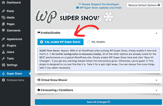 WP Super Snow 设置页面