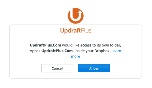 允许 UpdraftPlus 访问 Dropbox