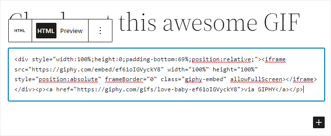 将 GIPHY 嵌入代码添加到 html 块