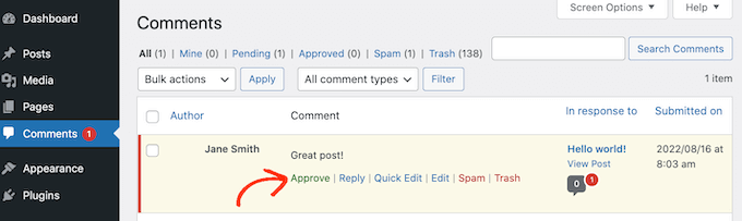 批准 WordPress 管理区域中的评论