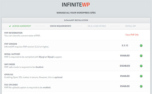 InfiniteWP 将在安装前检查系统要求