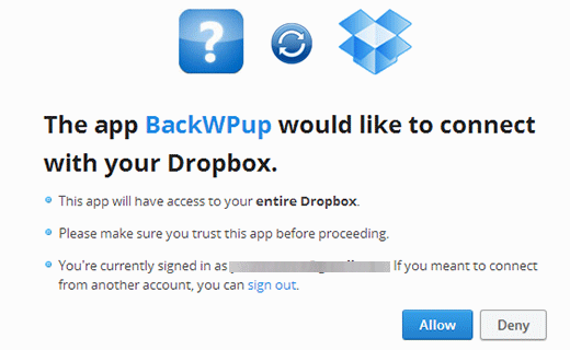 授予对您的 Dropbox 帐户的 BackWPup 访问权限