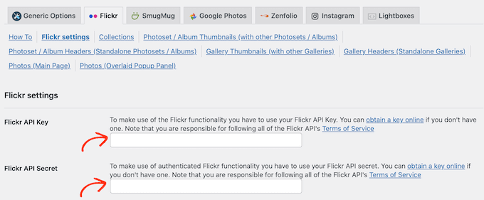 添加 Flickr API 密钥和密码