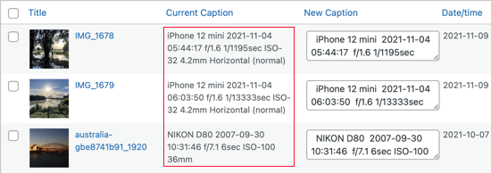 EXIF 标签将被复制到所选照片的​​标题中